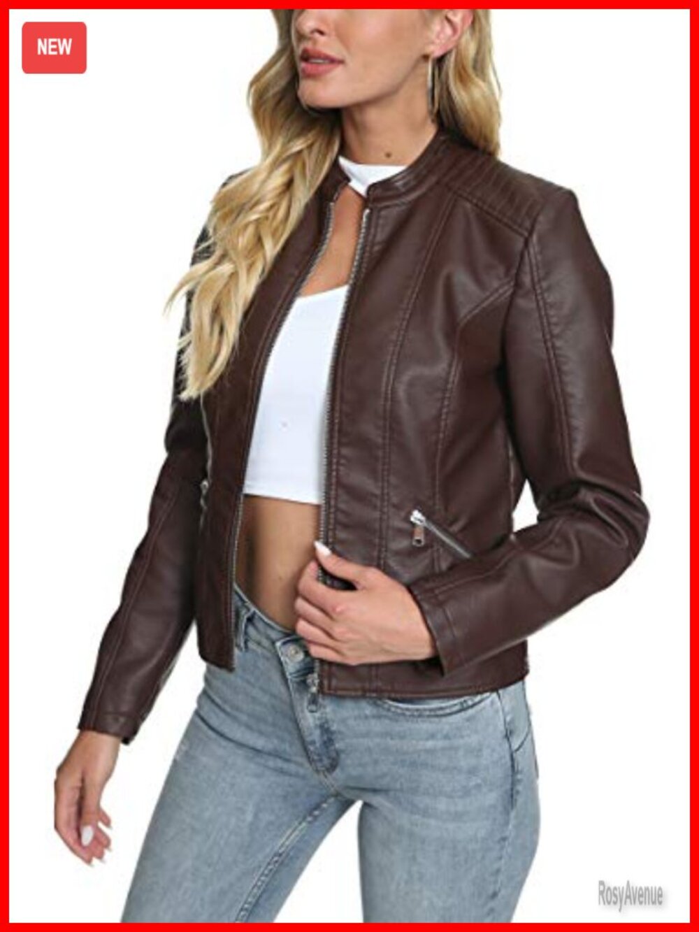 Faux Leather Moto Biker Jacket Zip Front Stand Collar Slim Fit Outwear